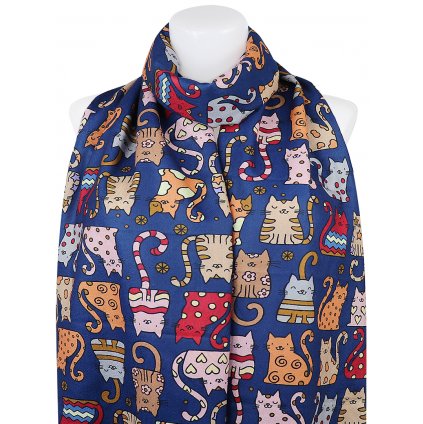 Dámský oboustranný obdélníkový šál 3130-2 modré barvy, kočky - klubíčka 7200683