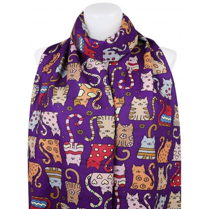 Dámský oboustranný obdélníkový šál 3130-2 fialové barvy, kočky - klubíčka 7200683-4