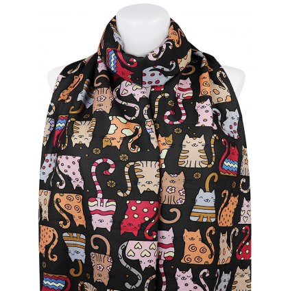Dámský oboustranný obdélníkový šál 3130-2 černé barvy, kočky - klubíčka 7200683-10