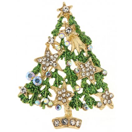 Vánoční brož se zirkony - stromeček s hvězdami, zlaté barvy 9001745