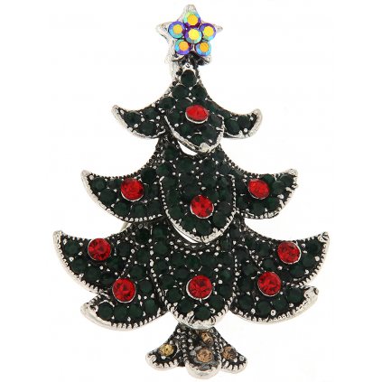 Vánoční brož se zirkony - stromeček s barevnými kamínky, stříbrné barvy 9001747