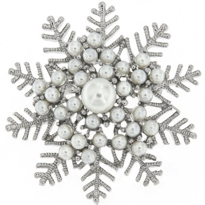 Vánoční brož - vločka ozdobená bílými perličkami, stříbrné barvy 9001753-1