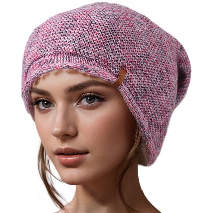 Dámská pletená zimní čepice WROBI - melír růžové a šedé barvy 7100391-7