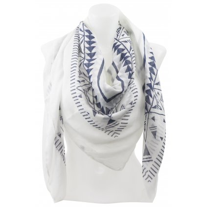 Dámský čtvercový šátek s potiskem ornamentů, bílo-modré barvy 1010