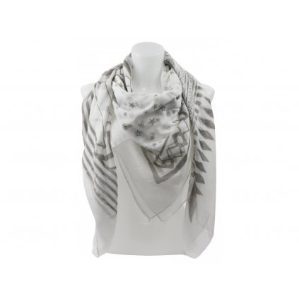 Dámský čtvercový šátek s potiskem ornamentů, hvězdičky bílo-šedé barvy 1014