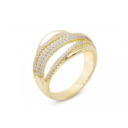 Pozlacený dámský prsten 14k zlatem - vlnitý motiv, ozdobený pásy zirkonů 4000317