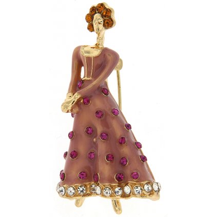 Brož - panenka s broušenými kamínky, růžové barvy