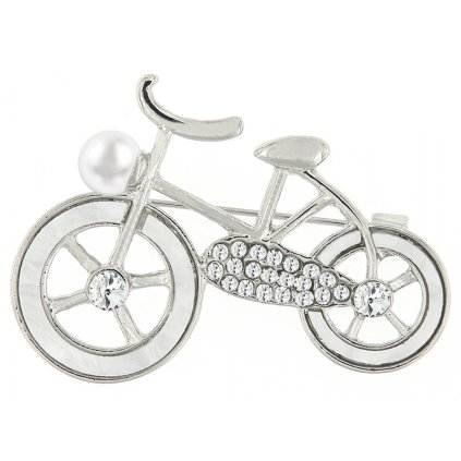 Brož - jízdní kolo ozdobené bílou perletí a zirkony, stříbrné barvy