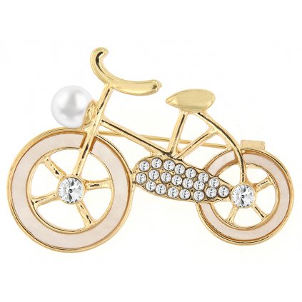 Brož - jízdní kolo ozdobené bílou perletí a zirkony, zlaté barvy