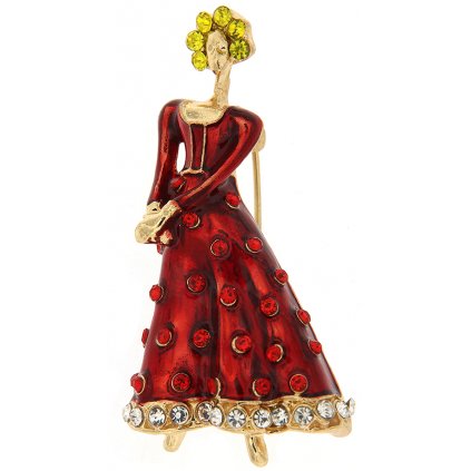 Brož - panenka s broušenými kamínky, červené barvy