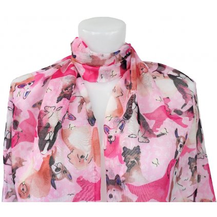 Dámský lehký šátek s pejsky XC36532-růžová