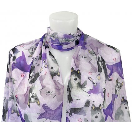 Dámský lehký šátek s pejsky XC36532-fialová