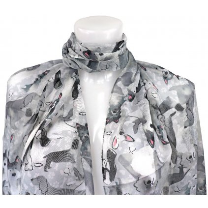 Dámský lehký šátek s pejsky XC36532-šedá