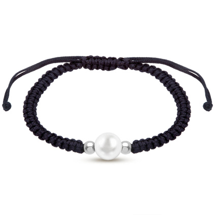 TOKIO 2358-4 Provázkový náramek z chirurgické oceli, bílá perla s černým provázkem
