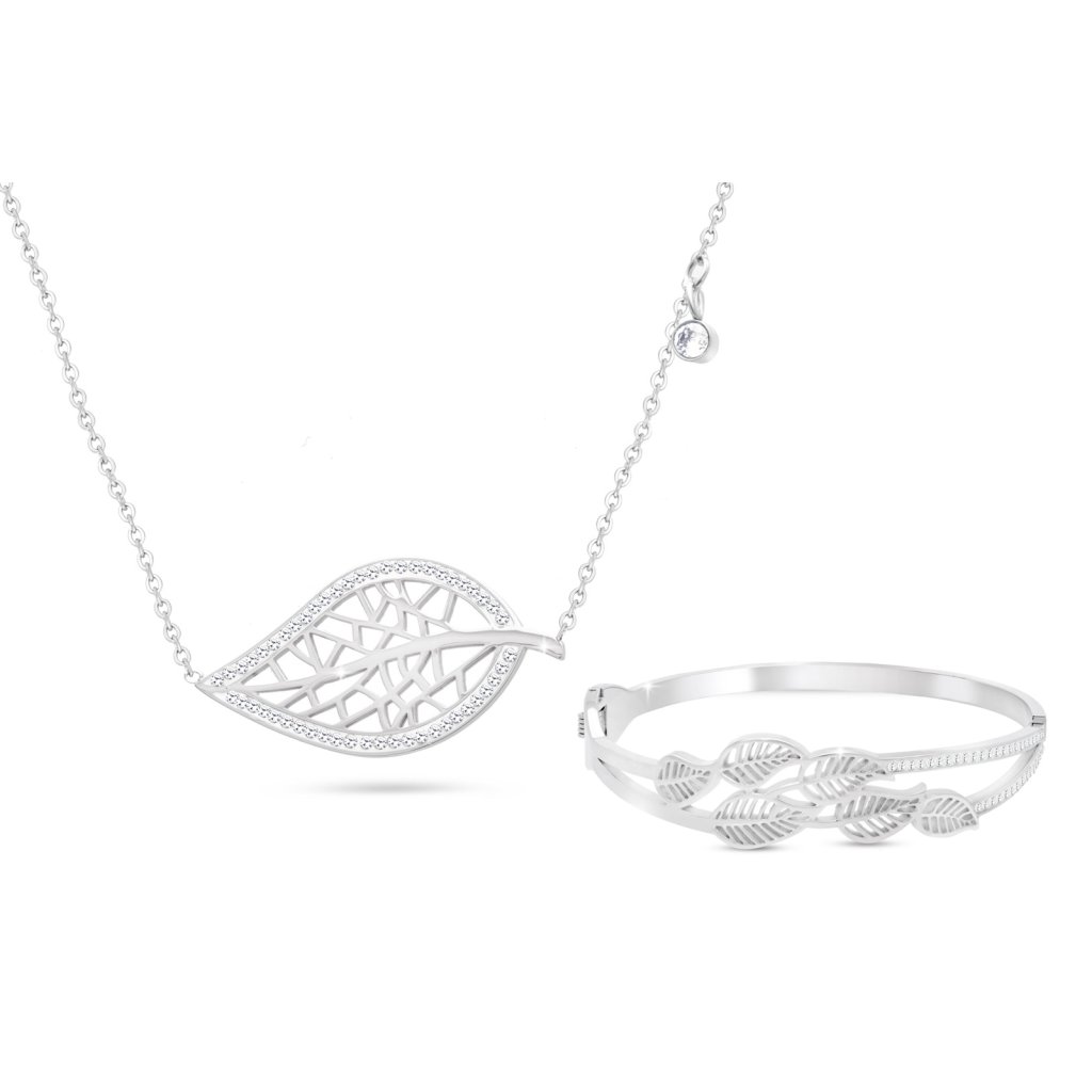 Set z chirurgické oceli, lístek ozdobený zirkony, řetízek + otevřený náramek 235