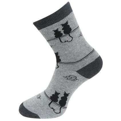 Dámske froté ponožky s potlačou mačiek NV8859, sivo-čiernej farby 9001487-3