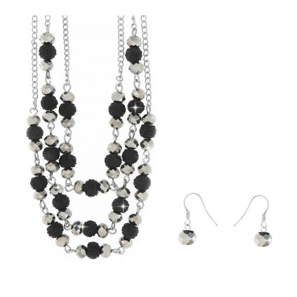Set z bižutérneho kovu s korálkami, náhrdelník + náušnice, čierno-sivé farby 6000564-1