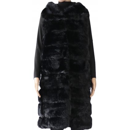 Dámska dlhá vesta s kapucňou z umelej kožušiny Y2388-2, čiernej farby 9001730