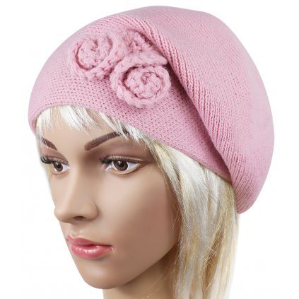 Dámský pletený baret s květinou, tmavě růžové barvy 7100221-13