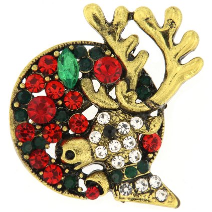 Vianočná brošňa so zirkónmi - sob s farebnými kamienkami, zlatá 9000979