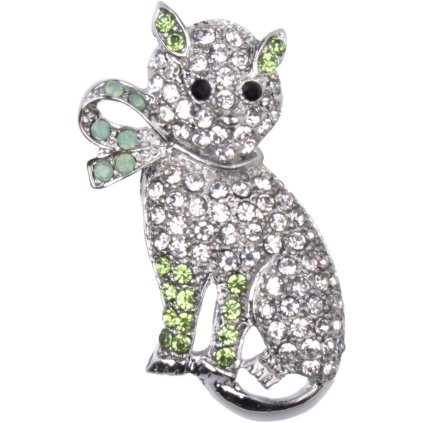 Brošňa - mačička vykladaná zirkónmi, zelená farba, 9001787-3