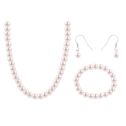 Set z bižuterního kovu, bílá perla, náhrdelník + visací náušnice + náramek 6000655