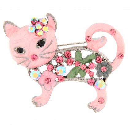 Brošňa - glazovaná ružová mačka s farebnými zirkónmi 9001360-1cubic
