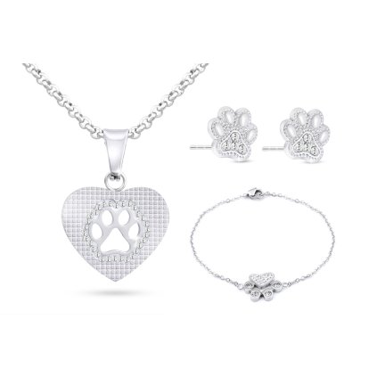 Súprava z chirurgickej ocele labka v srdci, retiazka + náušnice + náramok so zirkónmi 198