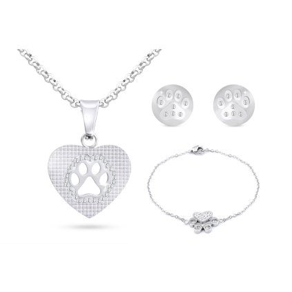 Súprava z chirurgickej ocele labka v srdci, retiazka + náušnice + náramok so zirkónmi 199