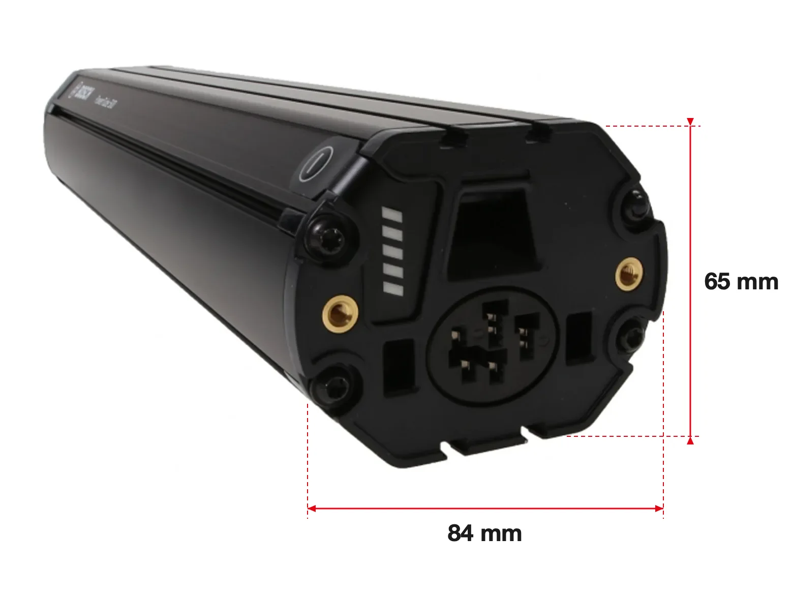 Baterie Bosch PowerTube 500 v horizontálním provedení s kótami: čelo měří 84 mm na šířku a 65 mm na výšku