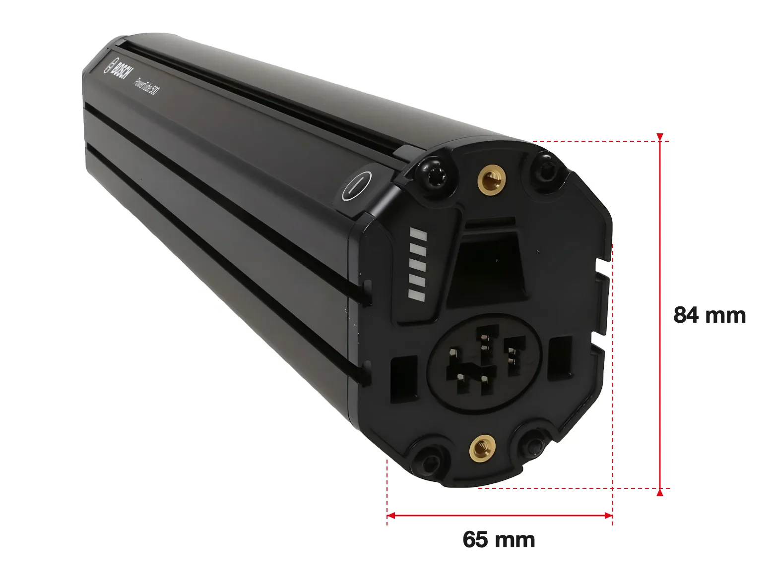 Baterie Bosch PowerTube 500 ve vertikálním provedení s kótami: čelo měří 65 mm na šířku a 84 mm na výšku