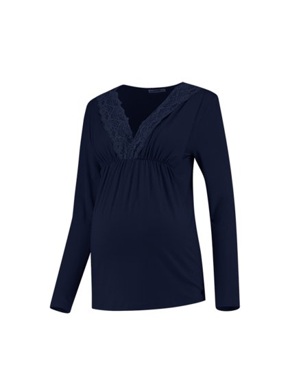 Těhotenské a kojící tričko 3v1 Lace Tencel modré s krajkou (Velikost XL)