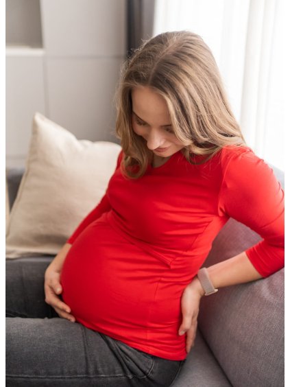 Těhotenské a kojící tričko 3v1 Love červené bavlněné (Velikost XL)