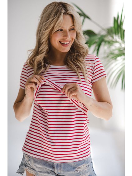 Těhotenské a kojící tričko 3v1 Love červeno bílé bavlněné