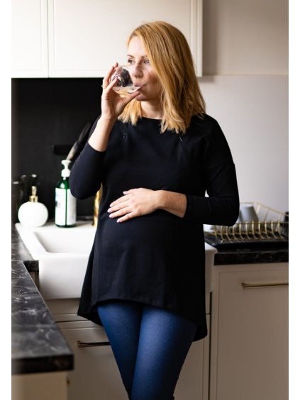 Elegantní těhotenská a kojící blůza 3v1 Mommy černá bavlněná (Velikost 2XL)
