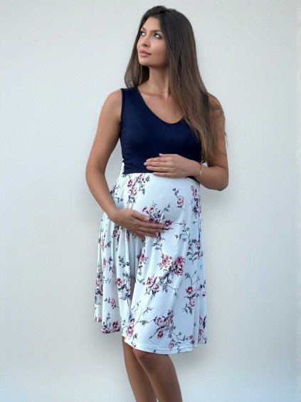 letní těhotenské šaty na ramínka modro bílé s květinamí