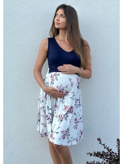 Letní těhotenské šaty na ramínka modro bílé s květinamí