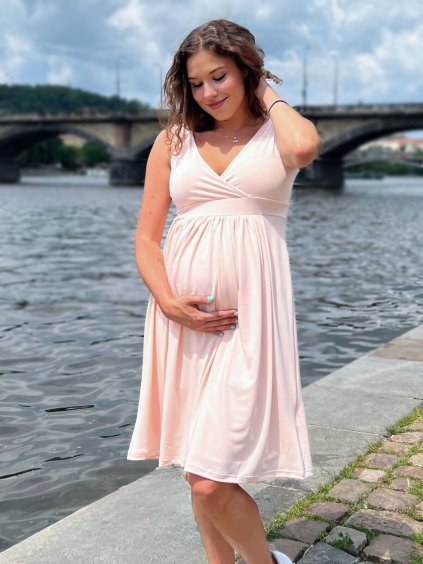 těhotenské šaty na ramínka broskvové elegantní