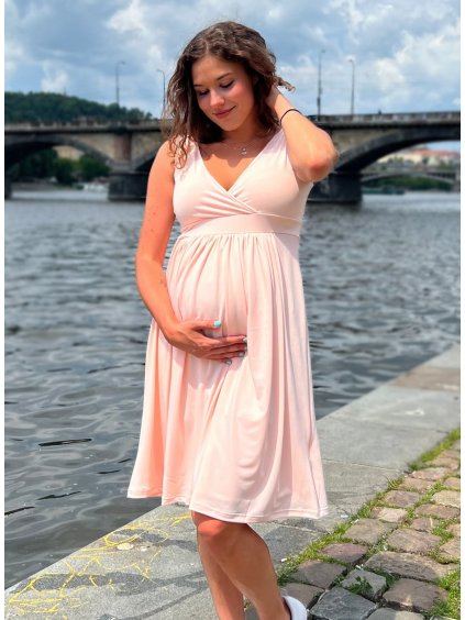 Těhotenské šaty na ramínka broskvové elegantní