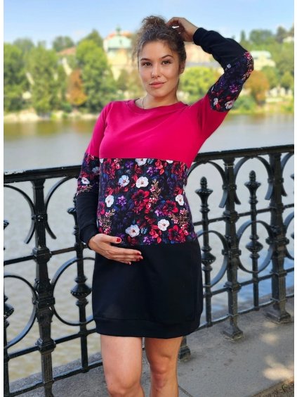 Mikinové těhotenské šaty černé fuchsie barevné