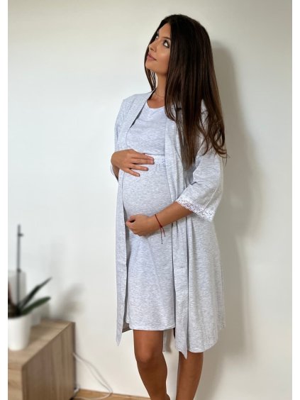 Těhotenská a kojící noční košilka šedá+župan