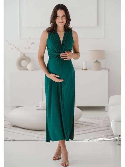 Elegantní dlouhé těhotenské a kojící šaty láhvově zelené