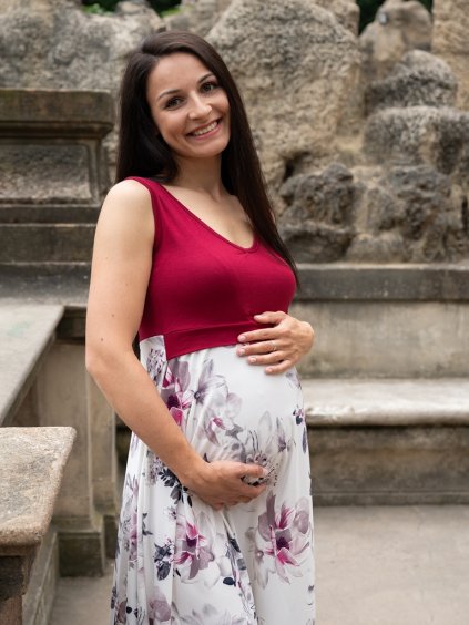 Těhotenské šaty na ramínka bordó bílé květinové