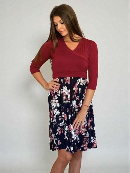 těhotenské šaty s uvazováním bordo květinové