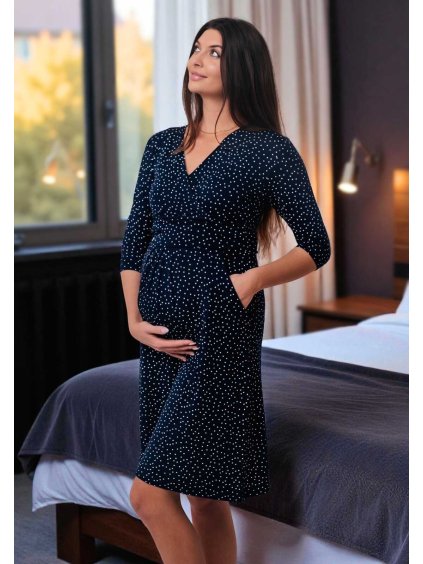 těhotenské šaty tmavě modré s puntíky