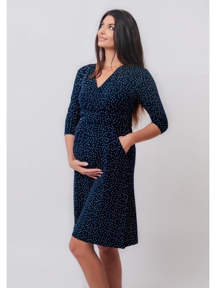 Elegantní těhotenské šaty tmavě modré s puntíky