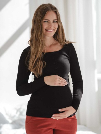 Černé těhotenské tričko žebrované kojicí