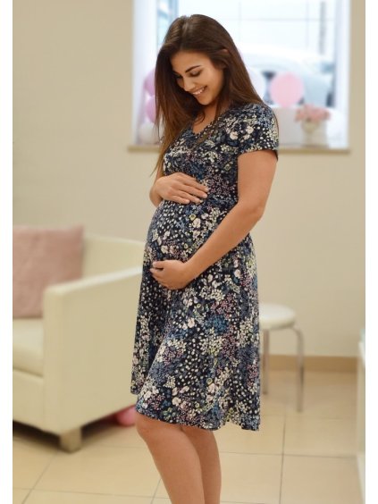 Těhotenské šaty s drobnými kvítky kojící