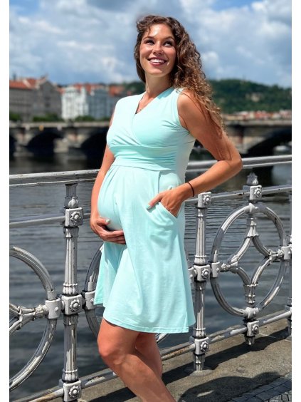 Letní těhotenské šaty s kapsami mint kojící