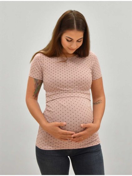 těhotenské a kojící tričko 3v1 mama l'amour lila rose s černými puntíky